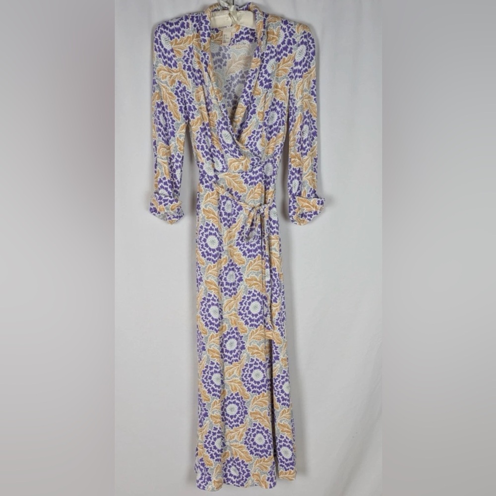 H&M Maxi Wrap Dress 4 Purple Gold Multicolor Printed Resort 3/4 Sleeve Pockets